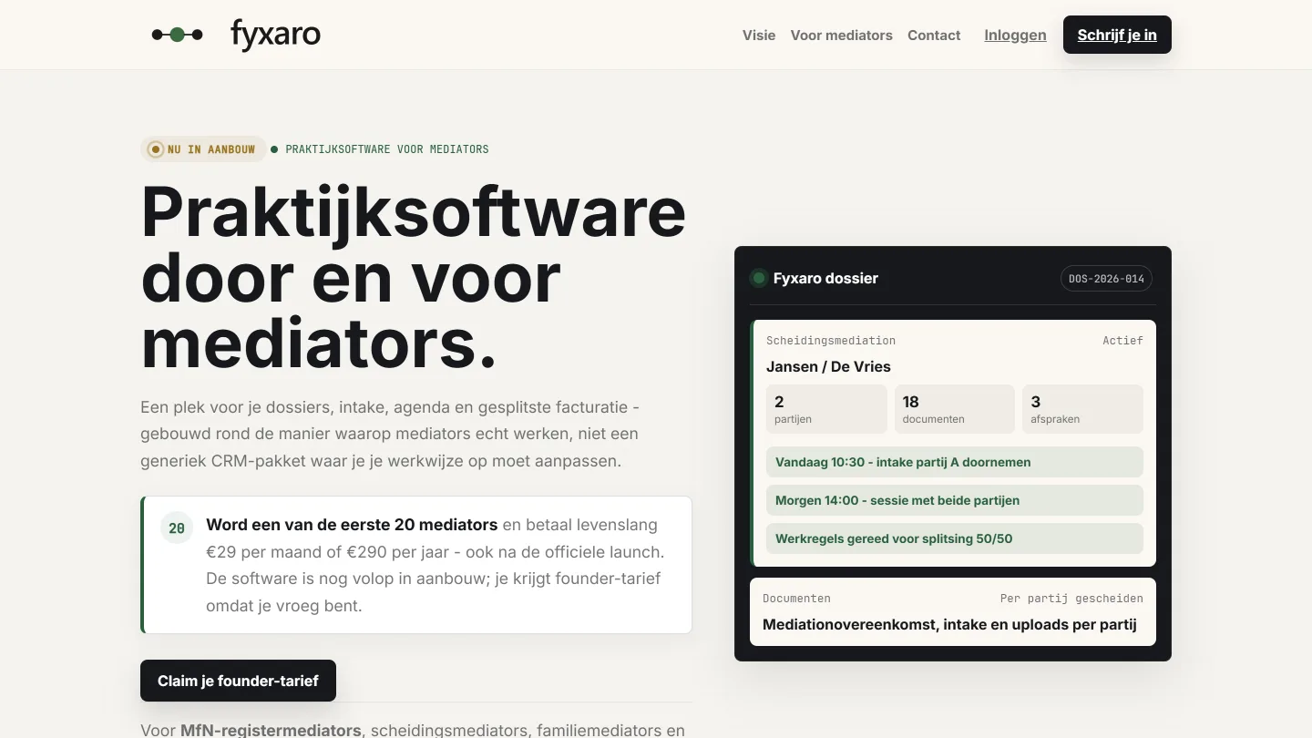 Schermafbeelding van de Fyxaro-website met de kop 'Praktijksoftware door en voor mediators' en een dossieroverzicht.