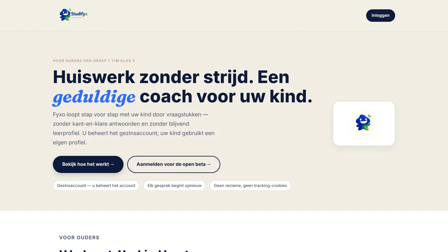 Schermafbeelding van de Studifyx-website met de kop 'Huiswerk zonder strijd. Een geduldige coach voor uw kind.'